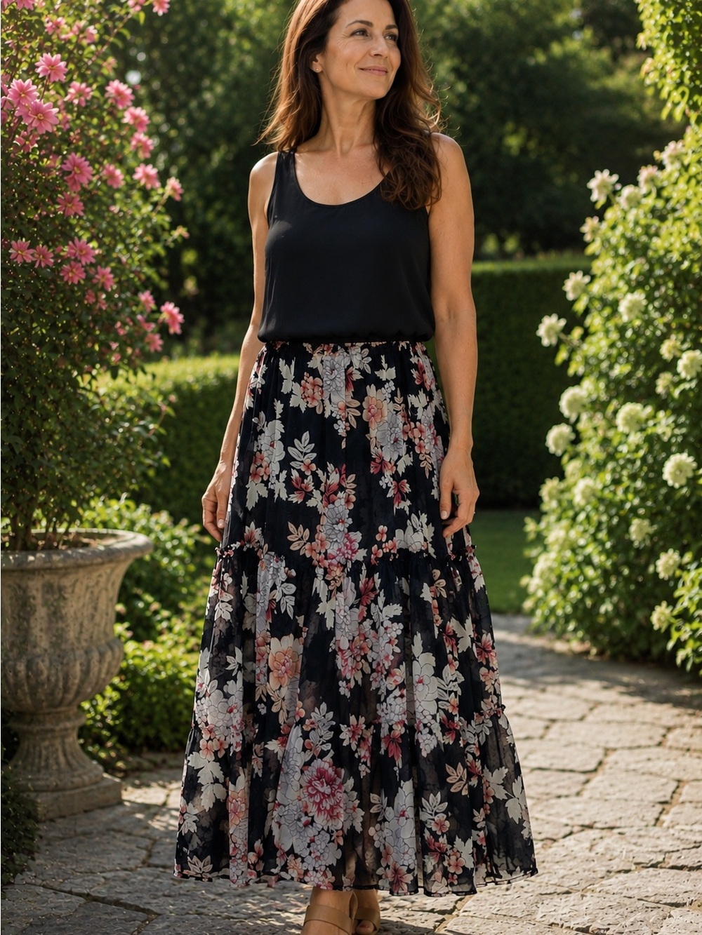 Robert Louis Black Floral Tiered Maxi Skirt
